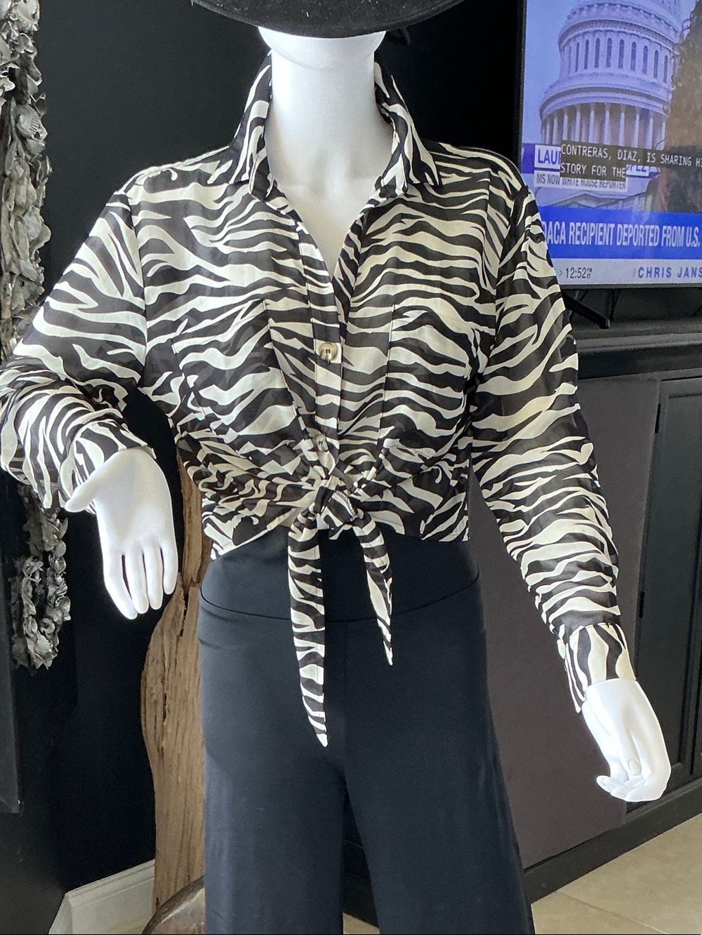Zebra Print Tie-Front Shirt - Black/White